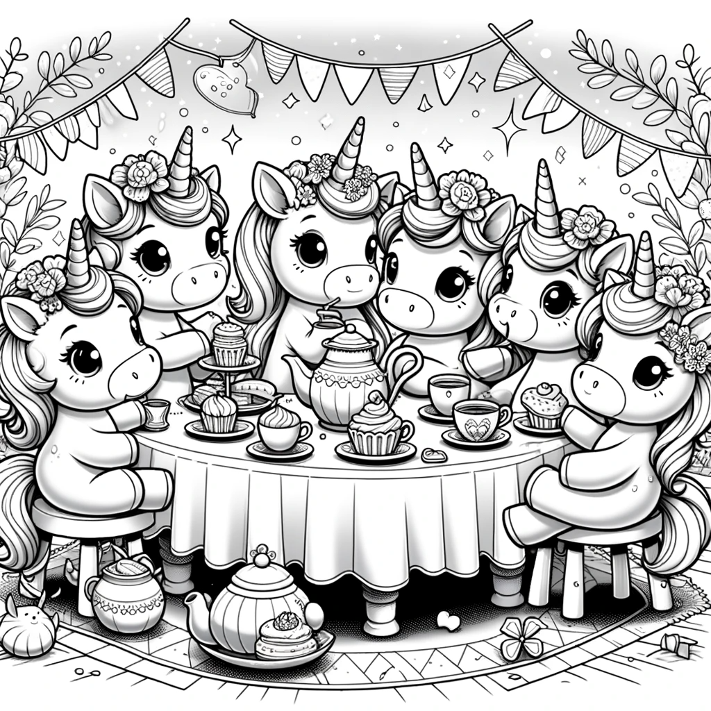 DALL·E 2024-01-30 09.01.04 - A whimsical unicorn tea party suitable for a children's coloring page. The scene should feature a group of cartoon-style unicorns sitting around a sma