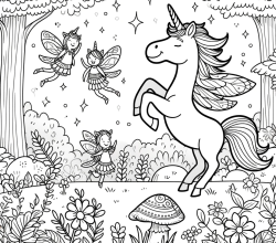 DALL·E 2024-01-30 09.04.53 - A simple and clean-lined coloring page for children, featuring a unicorn and fairy friends in a magical forest. The unicorn should be prancing joyfull