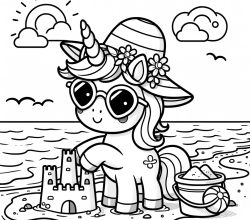 DALL·E 2024-01-30 09.06.56 - A simple and clean-lined coloring page for children, depicting a unicorn at the beach. The unicorn should be playfully engaged in building sandcastles